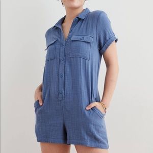 Aerie American Eagle Softest Utility Gauze Waffle Linen Romper Blue Jumpsuit